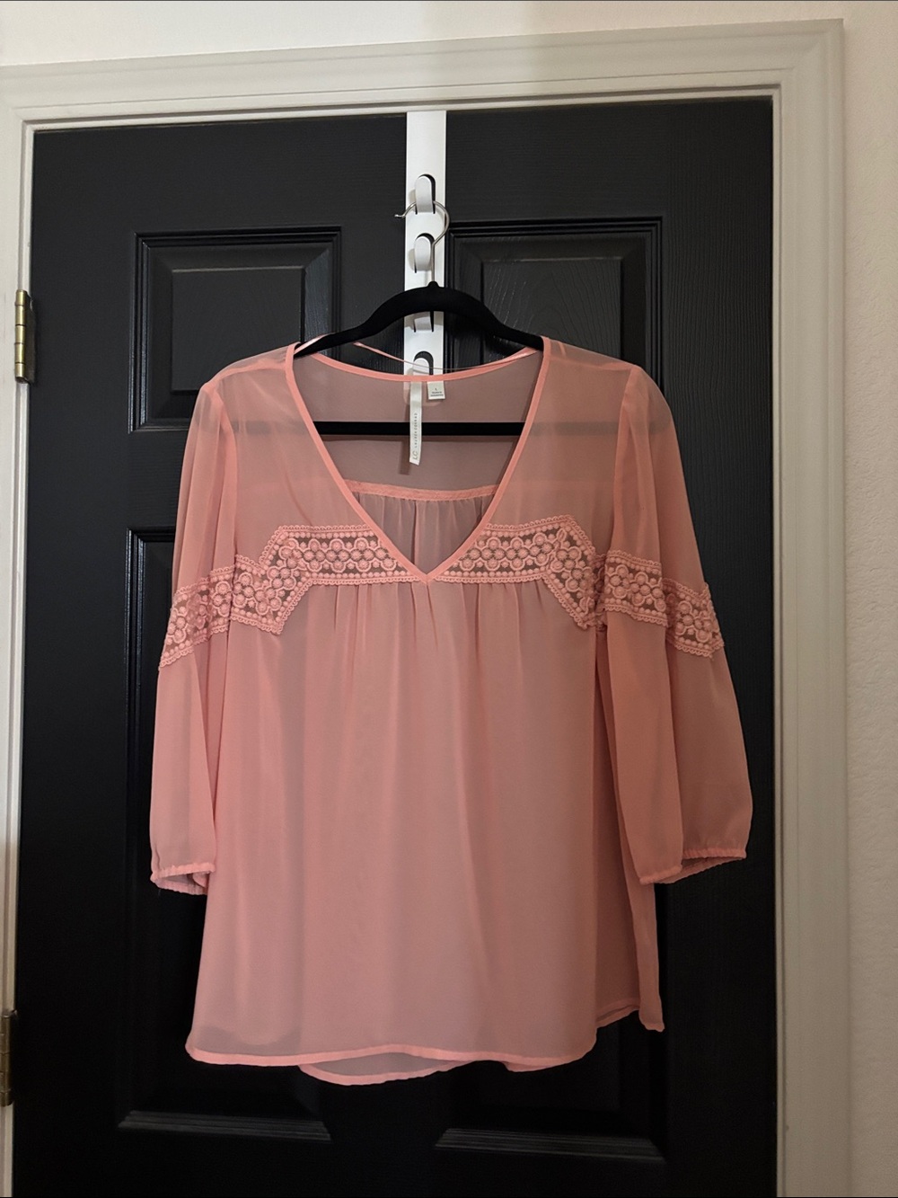 LC Lauren Conrad Light Pink Lace Yoke V-Neck Blouse